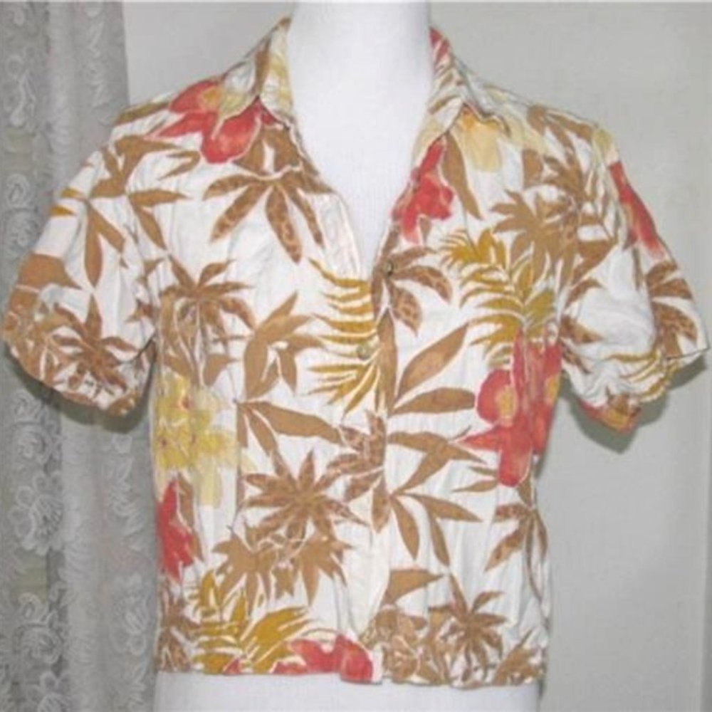 Ladies TAN MAISE CORAL on ECRU Linen & Cotton SHIRT Size Large Dressbarn